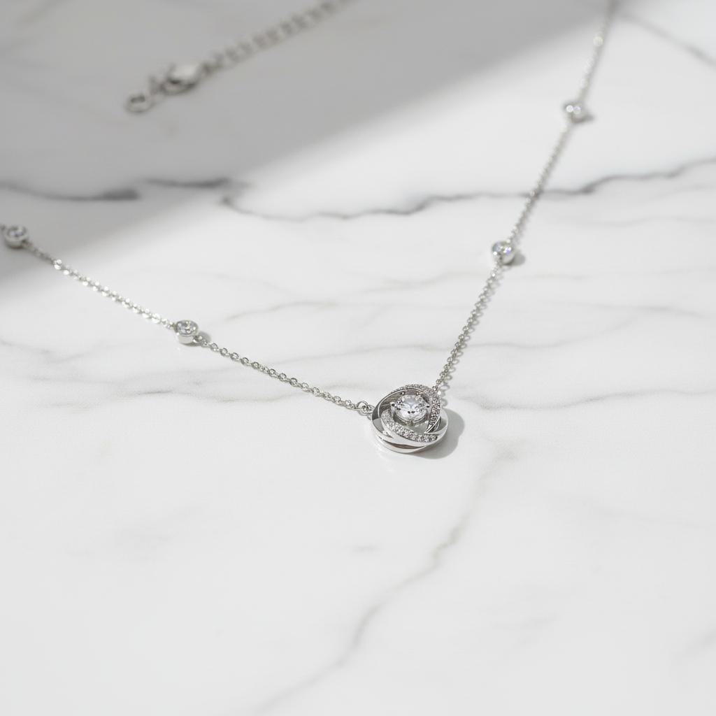 S925 Sterling Silver Möbius Ring Necklace on marble