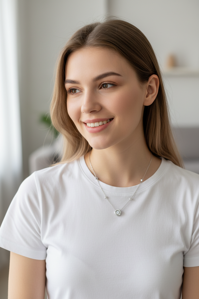 Model wearing S925 Sterling Silver Möbius Ring Necklace