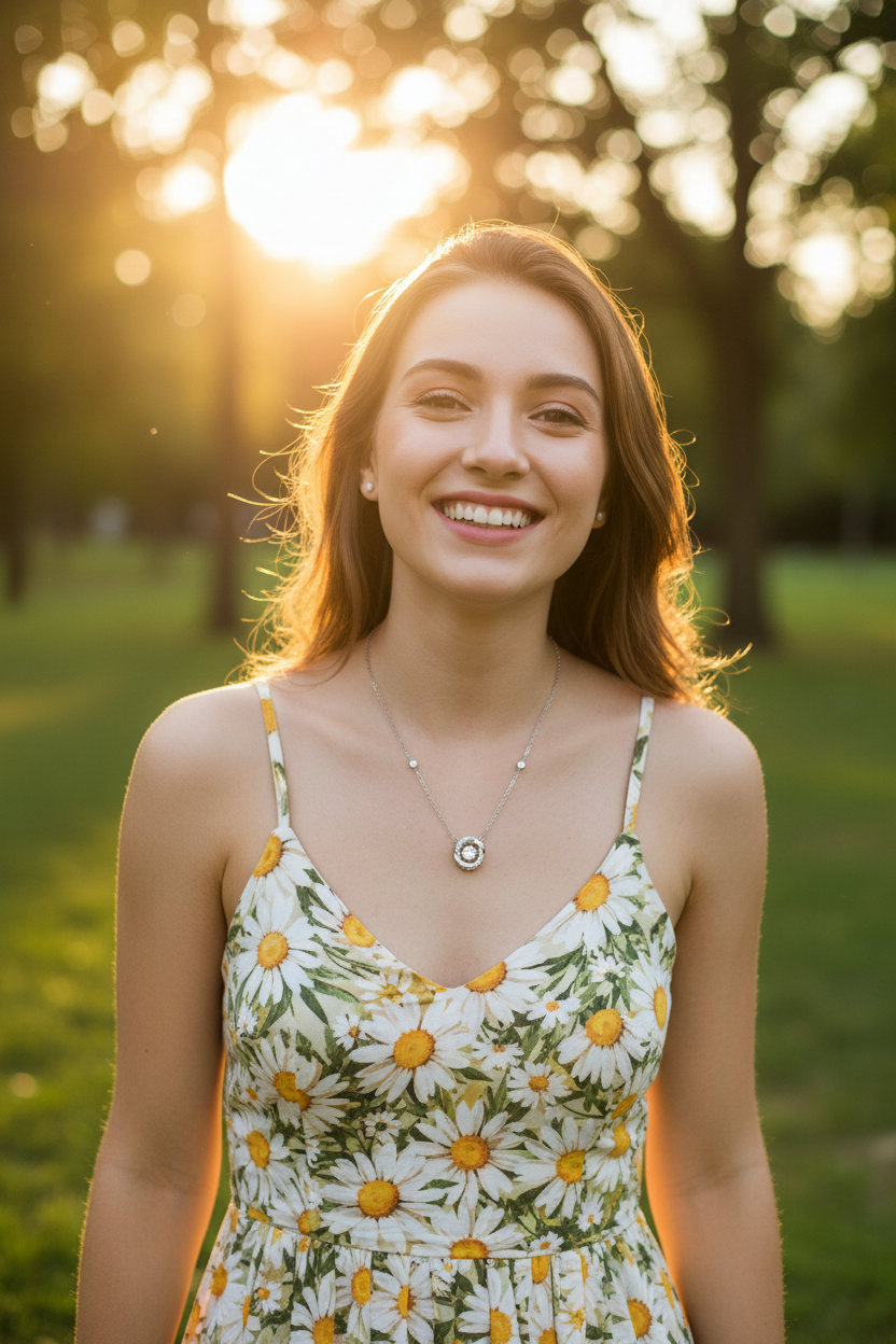 Woman wearing S925 Sterling Silver Möbius Ring Necklace outdoors in sunny park